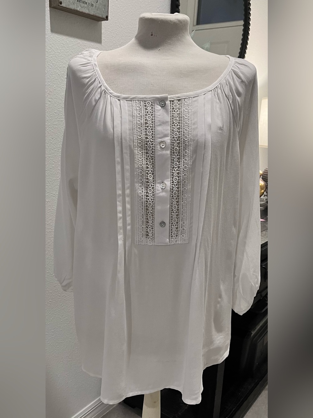 grand & greene White Lace-Trim Button Front Peasant Blouse